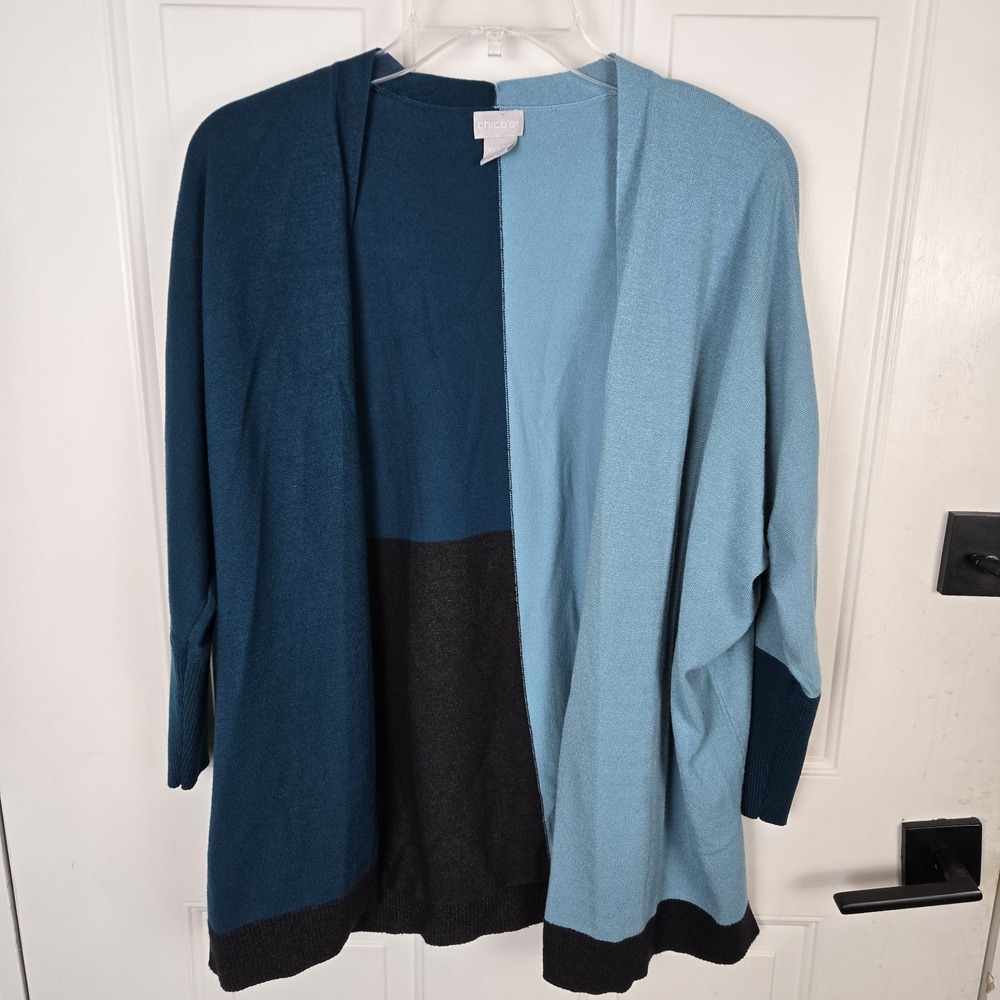 Chico's Cardigan Sweater Womens‎ XXS/XS Blue Teal Colorblock Open Classic Casual